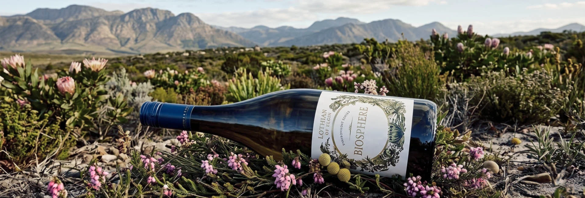 Bottle of Biosphere chardonnay laying amongst Fynbos